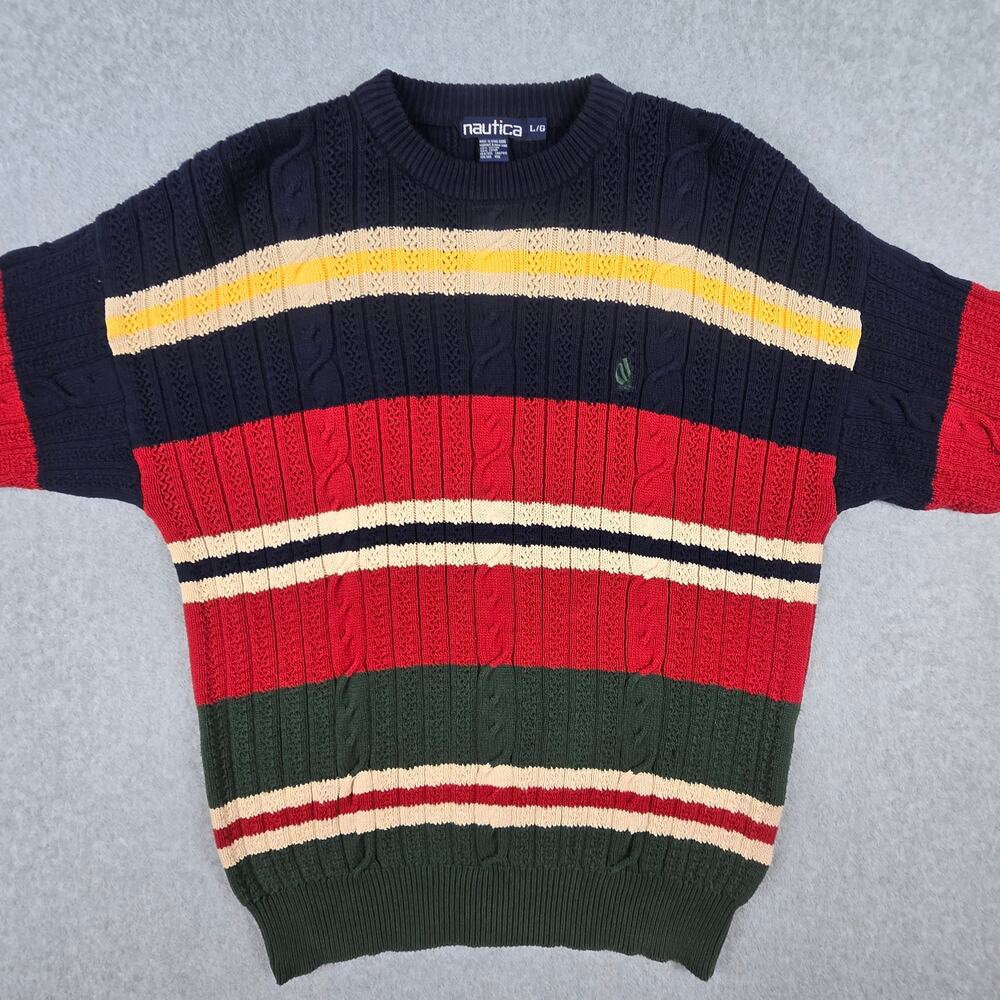 Vintage Nautica Sweater Mens Large Stripe Cable Knit Crew Neck Navy Multi Color - Picture 5 of 16